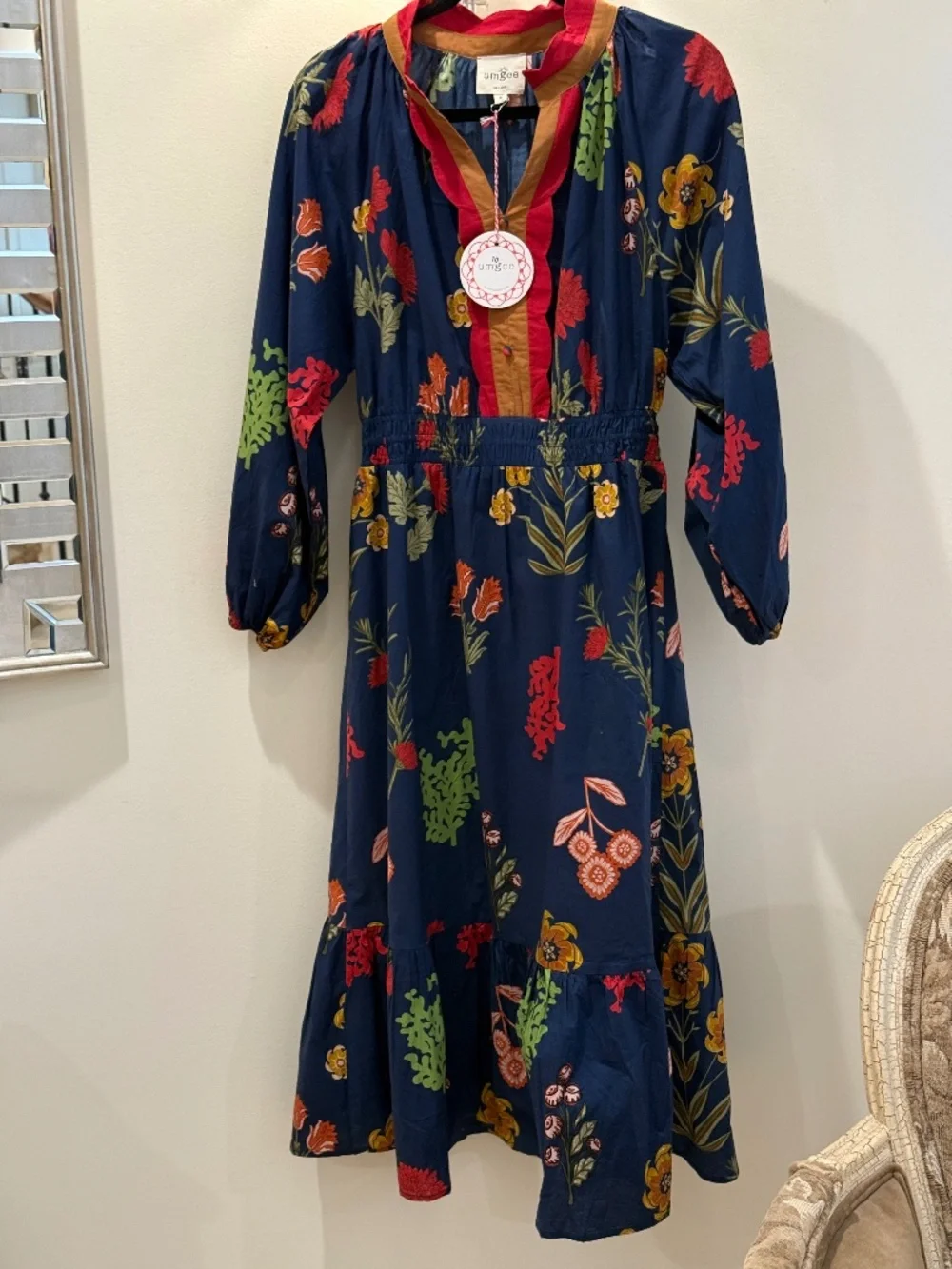 Umgee Floral Maxi Dress NWT, Size Medium, Navy Boho Long Sleeve - Picture 1 of 6